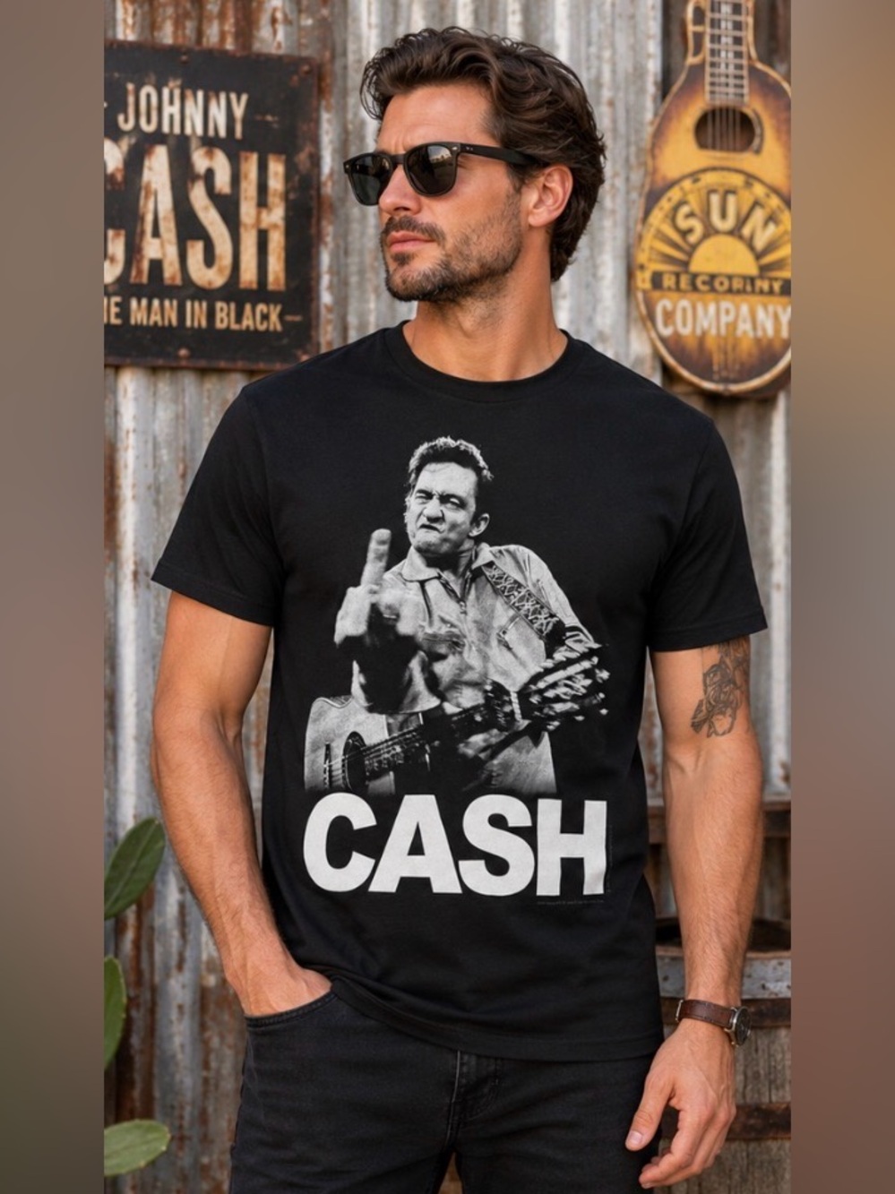 NWT Johnny Cash Jim Marshall Graphic T-Shirt Large The Bird Band Tee 100% Cotton